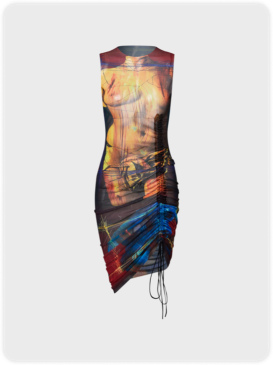 Edgy Multicolor Mesh Body print Dress Mini Dress