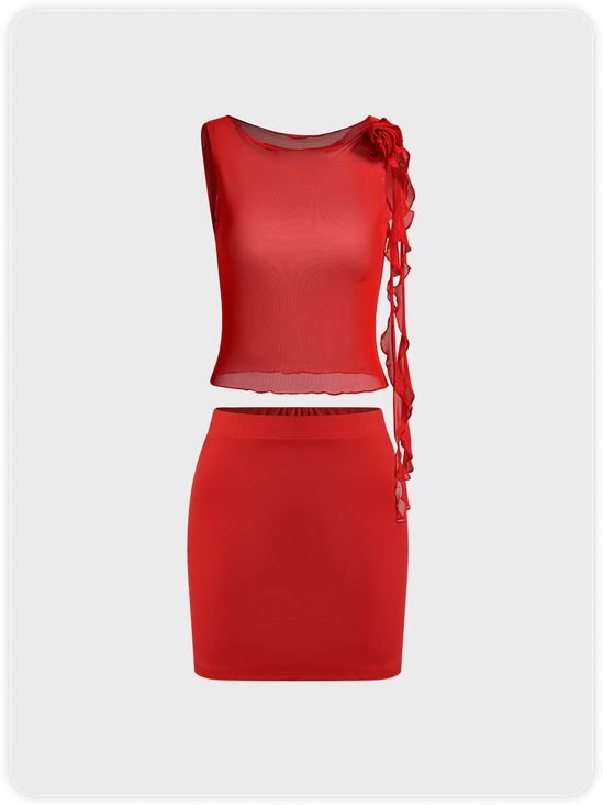 Y2k Red 3D Rose Mesh Two-Piece Set