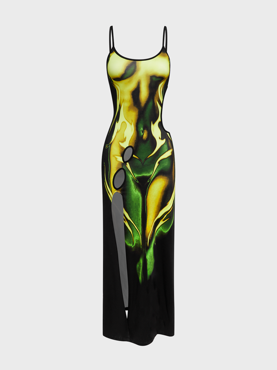 Edgy Yellow Body print Cut out Side slit Dress Midi Dress