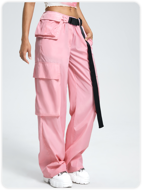 Street Pink Pockets Belt Bottom Pants