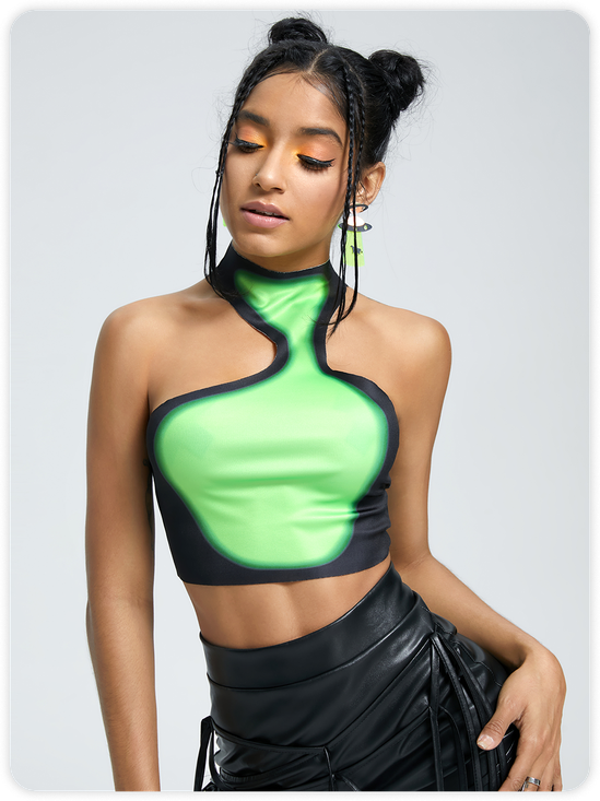 Edgy Green Asymmetrical design Color block Top Women Top