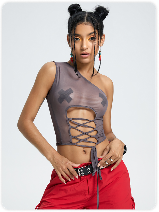 Edgy Gray Mesh Lace up Top Women Top