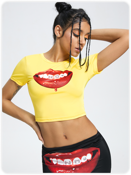 Y2K Yellow Lips Colorblock Top T-Shirt