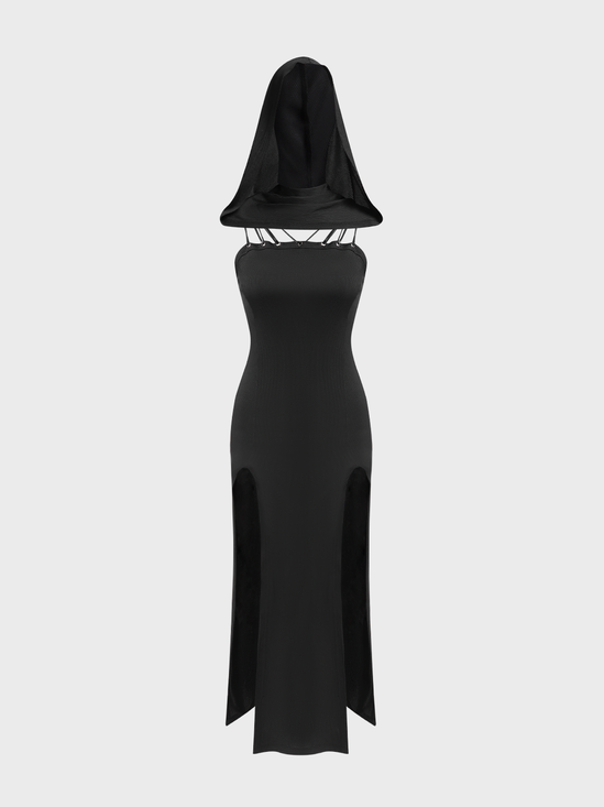 【Final Sale】Street Black Side slit Lace up Dress Midi Dress