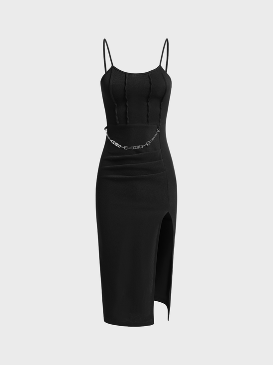 【Final Sale】Street Black Side slit Metal chain Dress Midi Dress