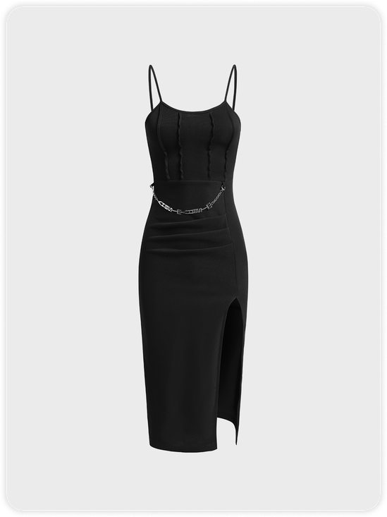 【Final Sale】Street Black Side slit Metal chain Dress Midi Dress