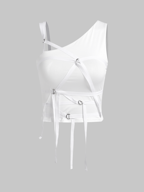 【Final Sale】Y2K White Lace up Asymmetrical design Top Tank Top & Cami