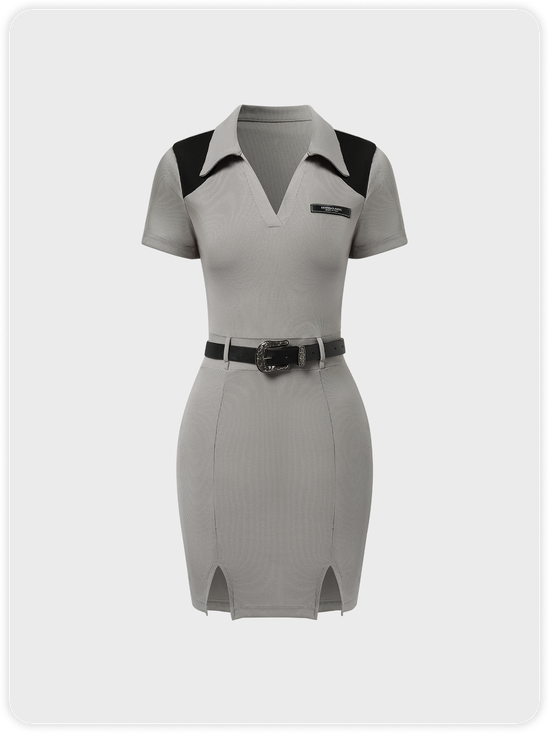 【Final Sale】Y2k Gray Belt Polo collar Dress Mini Dress