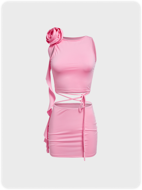 Y2k Pink 3D Rose Lace up Two-Piece Set