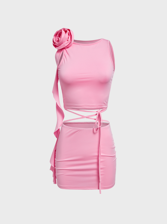 【Final Sale】Y2k Pink 3D Rose Lace up Two-Piece Set