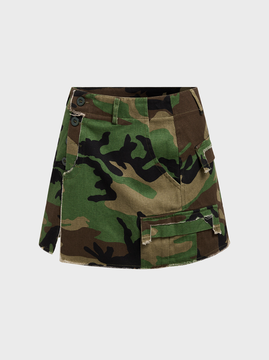 【Final Sale】Street Green Camo Button Bottom Skirt