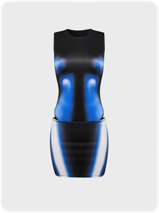 【Final Sale】Street Blue Body print Cyberpunk Two-Piece Set