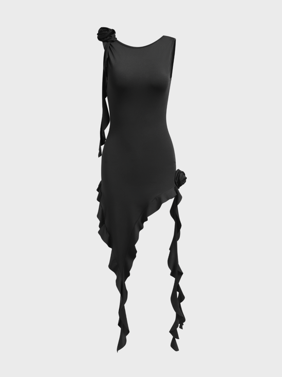 【Final Sale】Y2k Black Asymmetrical design Ruffles Dress Midi Dress