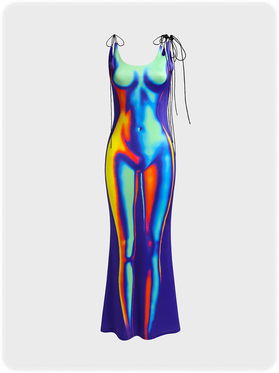 Y2k Multicolor Thermal body print Asymmetrical design Dress Midi Dress