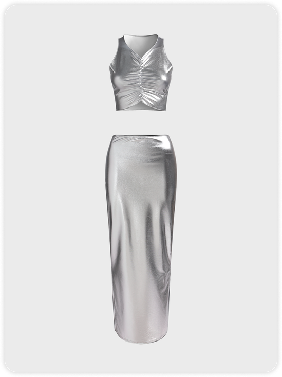 Edgy Silver Tube Top Side slit Two-Piece Set