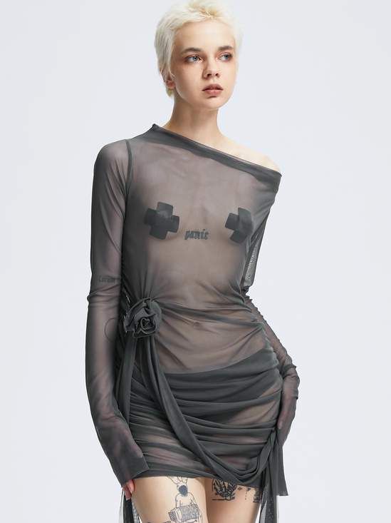 【Final Sale】Y2k Gray Mesh Wrinkle Dress Mini Dress