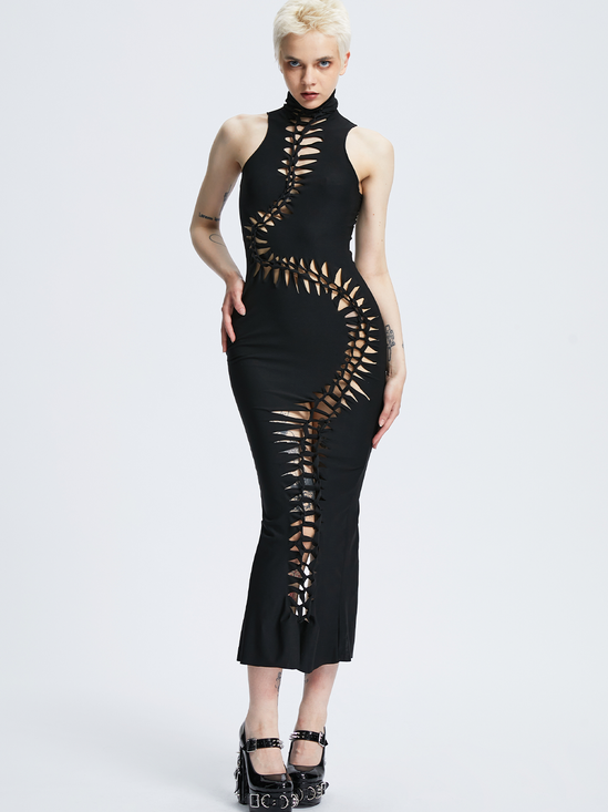 【Final Sale】Edgy Black Cut out Dress Midi Dress