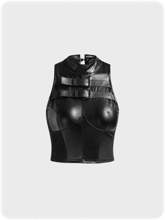 Punk Black Patchwork Buckle Top Tank Top & Cami