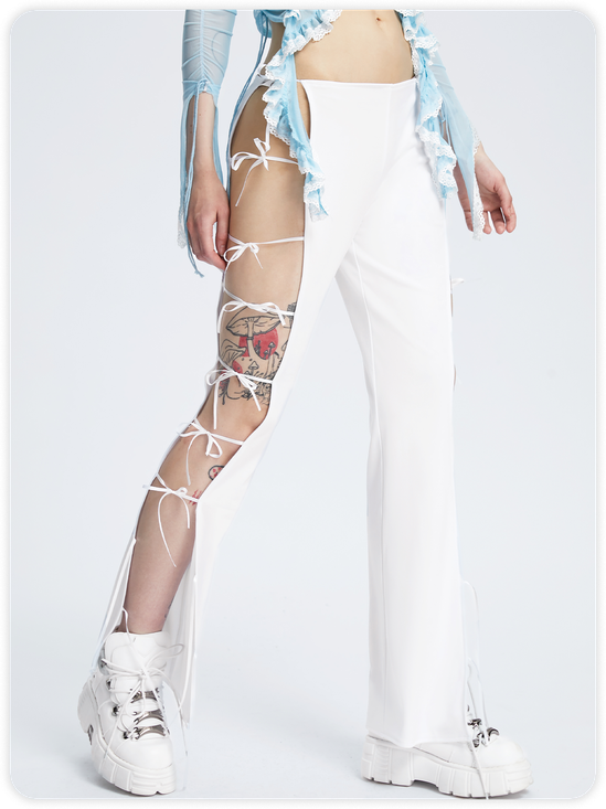 Y2k White Cut out Lace up Bottom Pants
