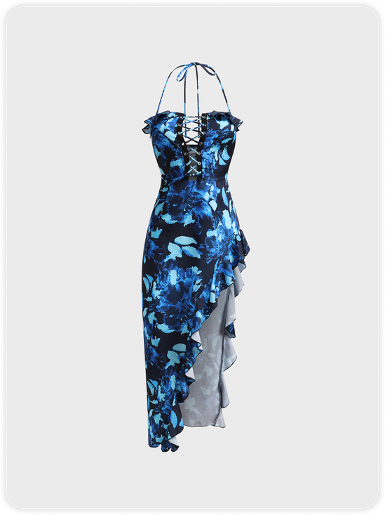 Y2k Blue Split Lace up Dress Midi Dress