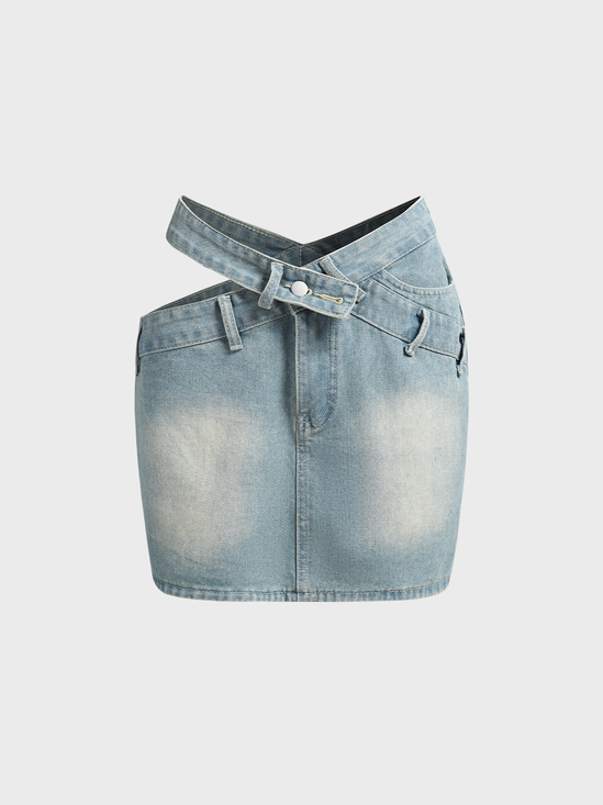 【Final Sale】Street Blue Denim Asymmetrical design Bottom Skirt