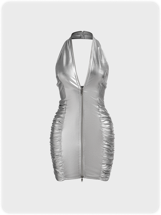 Y2k Silver Zip up Wrinkle Dress Mini Dress