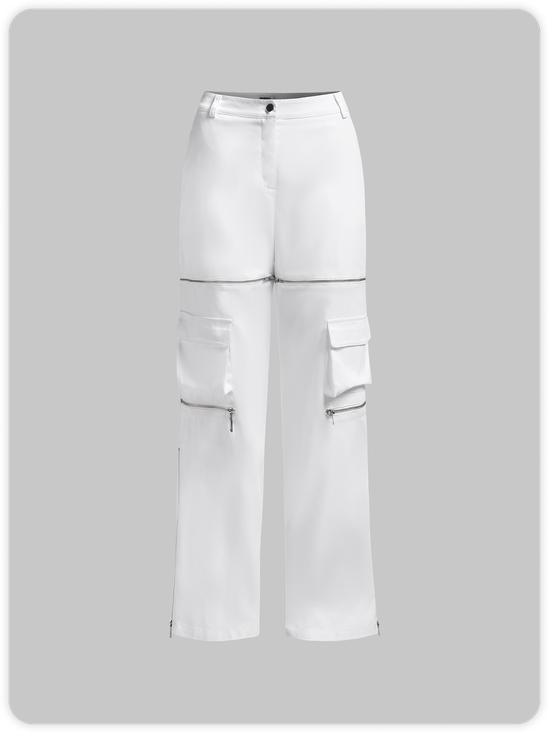 Street White Pockets Zip up Bottom Pants