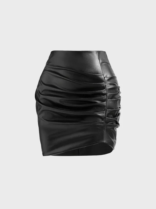【Final Sale】PU Wrinkle Plain Short Skirt