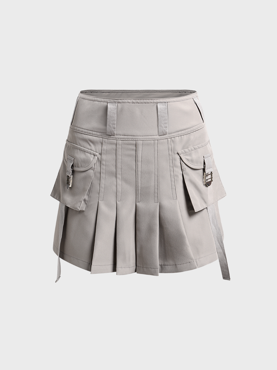 【Final Sale】Pleated Plain Short Cargo Skirt