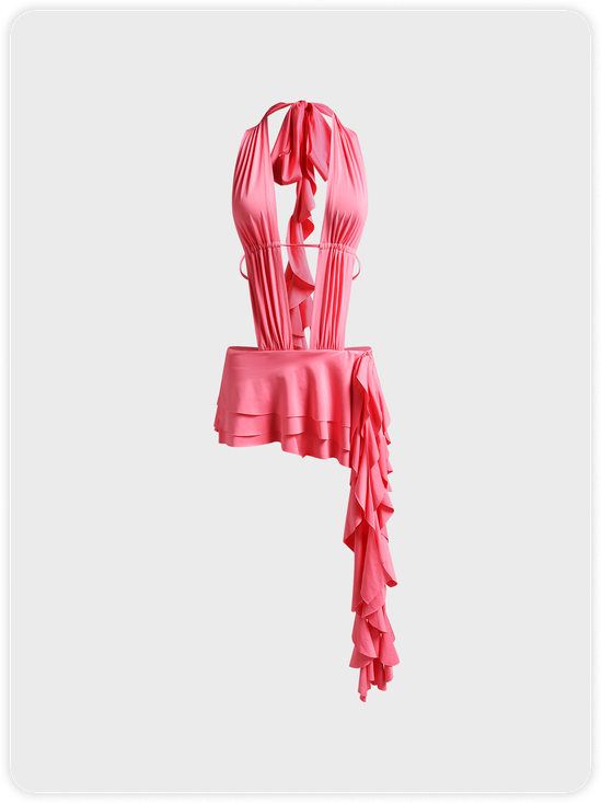 Asymmetrical Cut Out Ruffles Halter Plain Sleeveless Short Dress