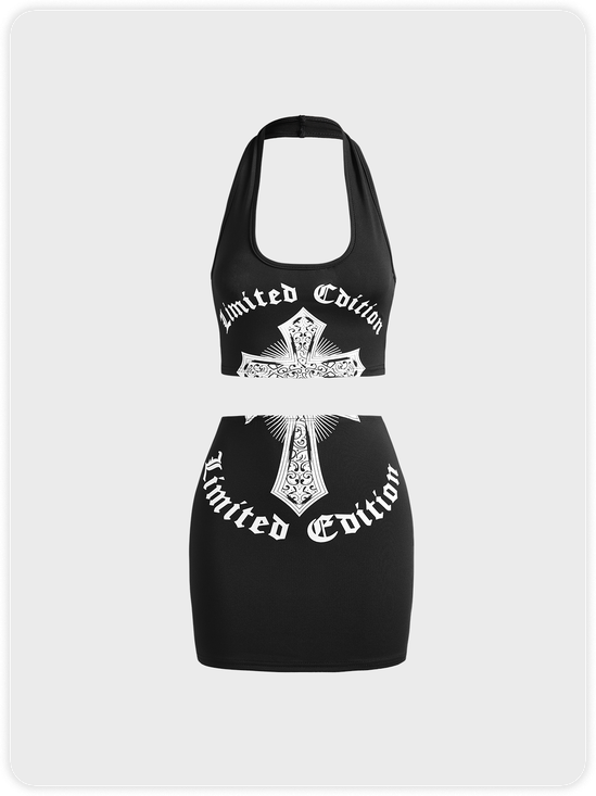 Letter Pattern Halter Top With Skirt Two-Piece Set