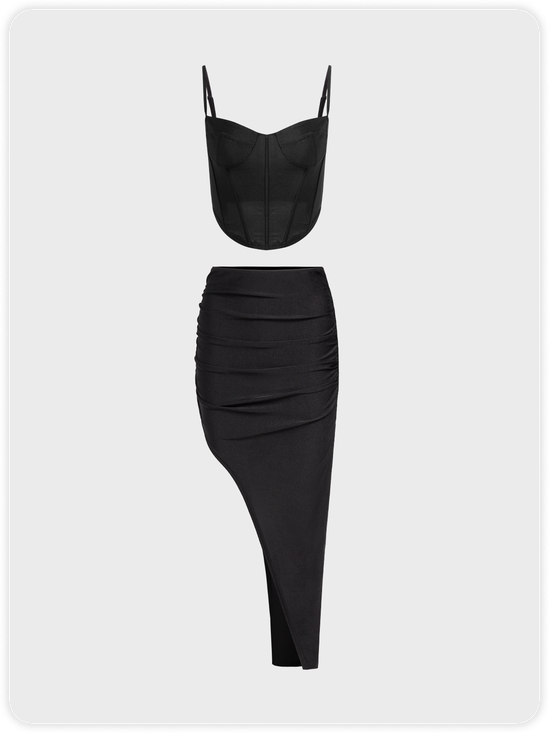 Asymmetrical Side Slit Plain Corset Two-Piece Set