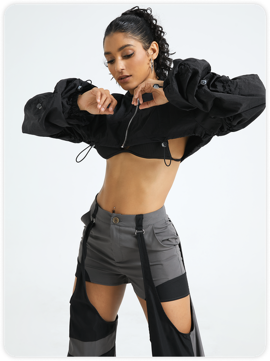 Rib Fabric Stand Collar Plain Long Sleeve Jacket