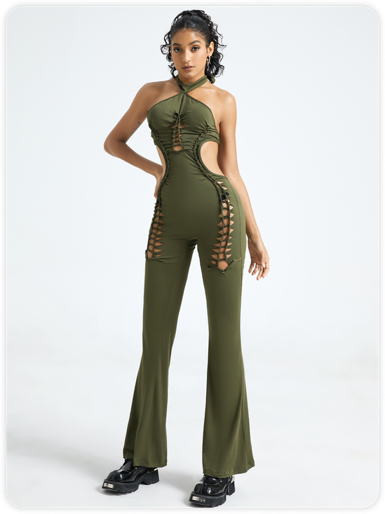 Cut Out Halter Plain Sleeveless Jumpsuit