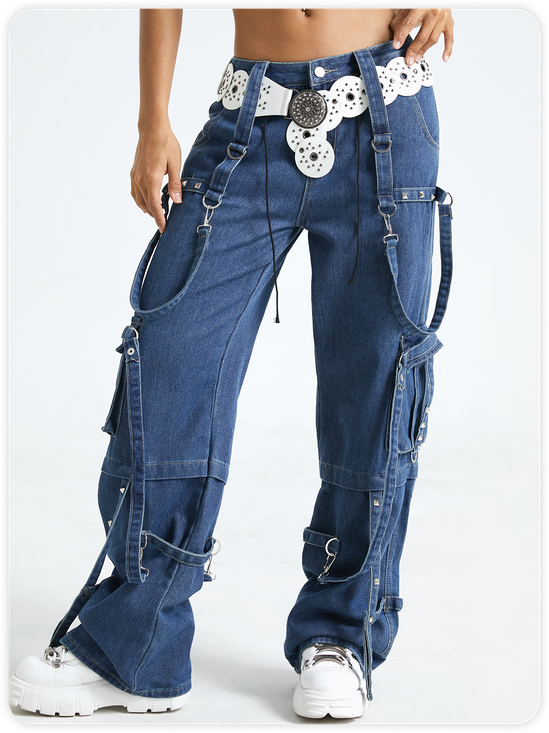 Denim Pockets Metal Detail Plain Cargo Jean