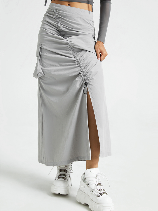 【Final Sale】Gorpcore Cargo Pockets Plain Maxi Skirt