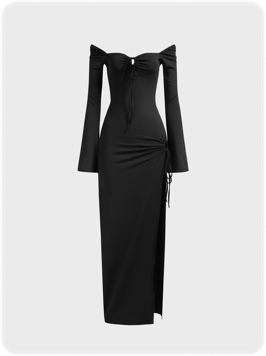 Cut Out Side Slit Square Neck Plain Long Sleeve Maxi Dress