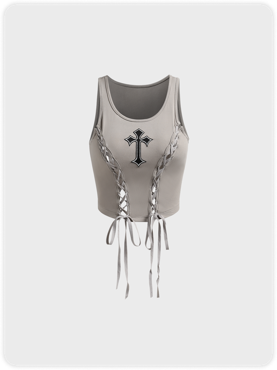 Cross Embroidery Lace Up Crew Neck Plain Tank Top