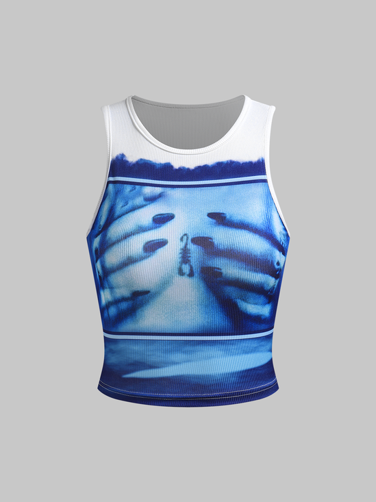 Cyanotype Hand Print Crew Neck Tank Top