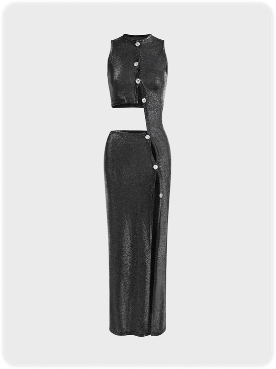 Buttons V Neck Plain Sleeveless Maxi Dress