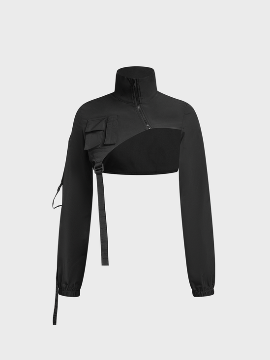 【Final Sale】Cotton Asymmetrical Shawl Collar Plain Long Sleeve Crop Jacket