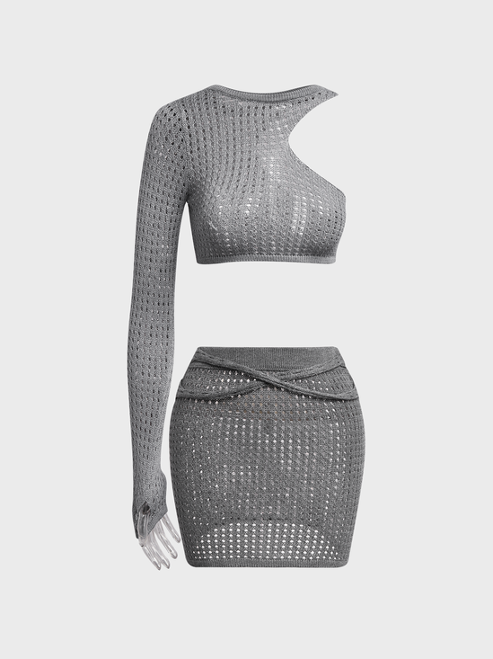 Mesh Asymmetrical Cut Out Plain Top With Skirt Two-Piece Set