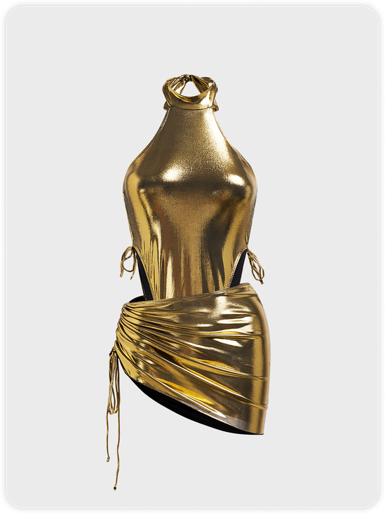 Metallic Coated Fabric Plain Top With Skirt Set