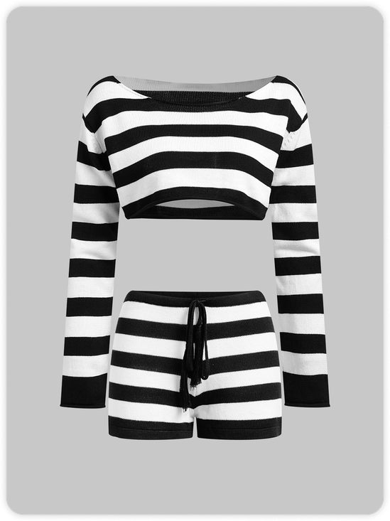 Knitted Striped Top With Short Two-Piece Set