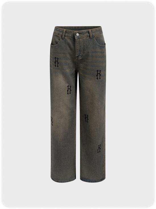 Vintage Denim Text Letters Straight Jeans