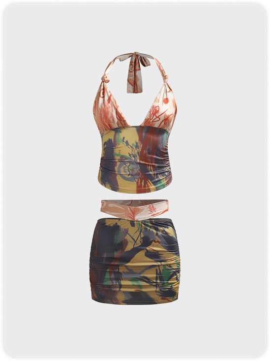 Abstract Halter Top With Skirt Set