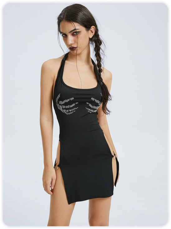 Side Slit Hotfix Rhinestone Halter Plain Sleeveless Short Dress