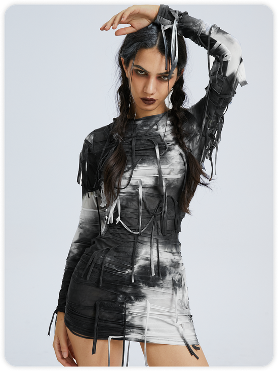 Ripped Fringe Backless Crew Neck Tie Dye Long Sleeve Short Dress