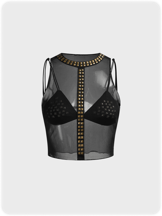 Studs Sheer Two Piece Suit Mesh Metal Plain Two-Piece Set