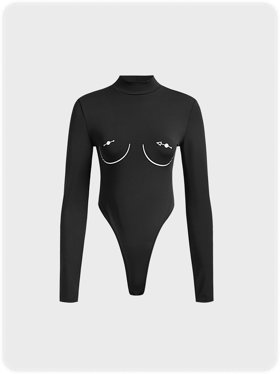 Body Print Stand Collar Painting Long Sleeve Bodysuit